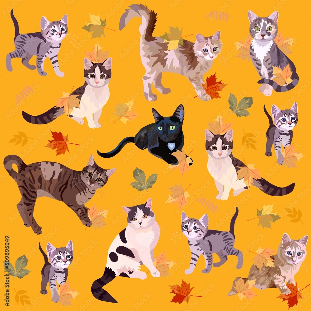 Cats play with fallen leaves on an orange background in vector. Beautiful collection of pets, symbols of Chinese New Year 2023. Seamless romantic print for fabric. Sweet animal pattern.