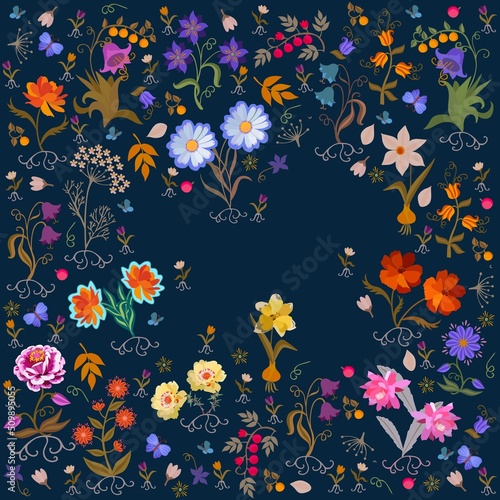 Seamless joyful floral pattern with blue butterflies on a black background in vector. Print for scarf  handkerchief  napkin  dress  wallpaper  pillow.