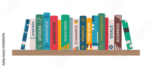 Bookshelf with business books. Shelf with books about finance, marketing, management, strategy, goals, time management, team work. Banner for library, book store. Vector illustration in flat style.