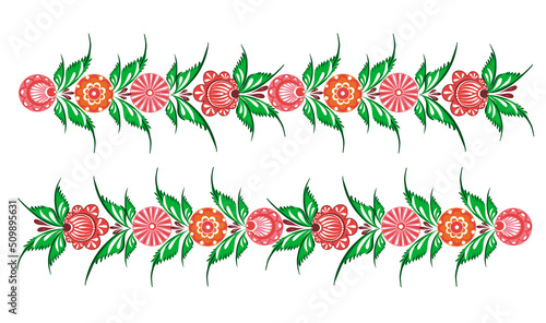 Seamless pattern frame of flowers and leaves.Folk ornament.Gorodets painting hand drawn.Vector illustration.