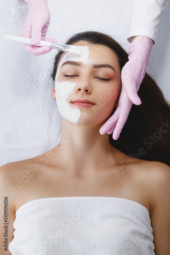 The cosmetologist applies a white clay mask to the face of a beautiful young woman with a white brush.