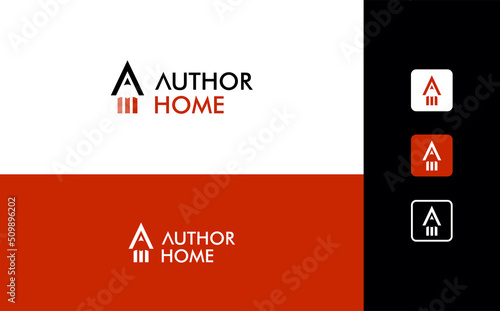 Author logo, write logo concept brilliant design. Simple, memorable logo concept of author, home, house, roof, in red and black color