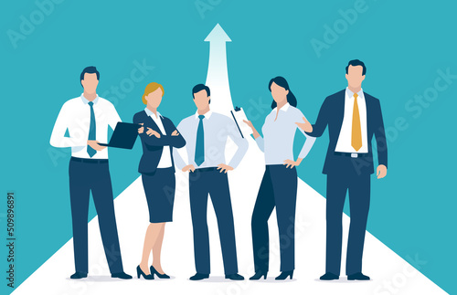 Team of five workers and arrow sign. Together towards success and growth. Business vector illustration. 
