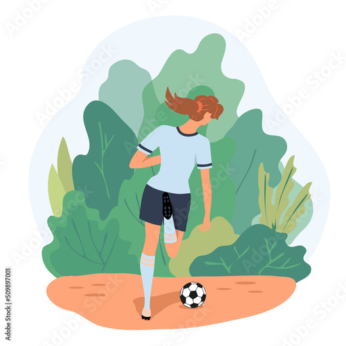Sporty girl soccer player kicking the ball. Back view. Woman play football outdoors, in the park. Colorful art female character with greenery trees isolated on white background. Vector illustration.