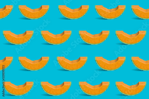 Pattern with 3D melon slices on blue background