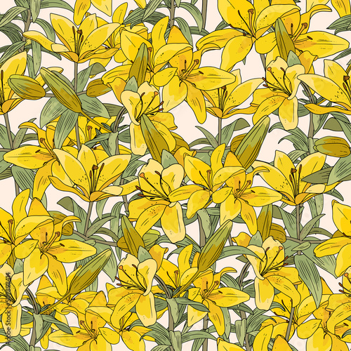Pattern with yellow lily. Tropical floral print with flowers, buds and leaves on beige background