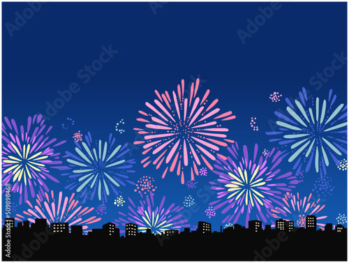花火が見える都会の風景-手描き
