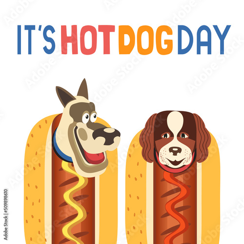 Funny dogs inside hot dogs cute vector illustration. Comic cartoon canine dressed hot dog costume isolated, white background. Cheerful pet in fast food bun, sausage, mustard, ketchup design element