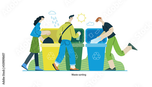 Ecology - Waste sorting -Modern flat vector concept illustration of people putting a plastic, paper and glass into the garbage container for sorted waste. Creative landing web page illustartion