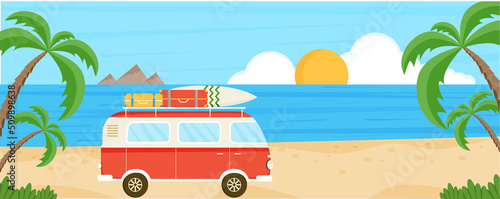 Banner with red bus with surf board and luggage on the beach. Summer sea background. Summer travel, holiday, tourism. Beach with palms, mountains, sun, camper van. Vector illustration.