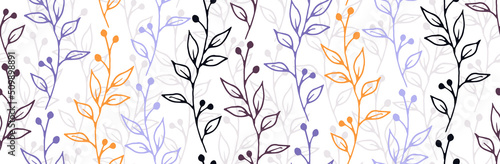 Berry bush branches botanical vector seamless background. Rustic herbal texti...