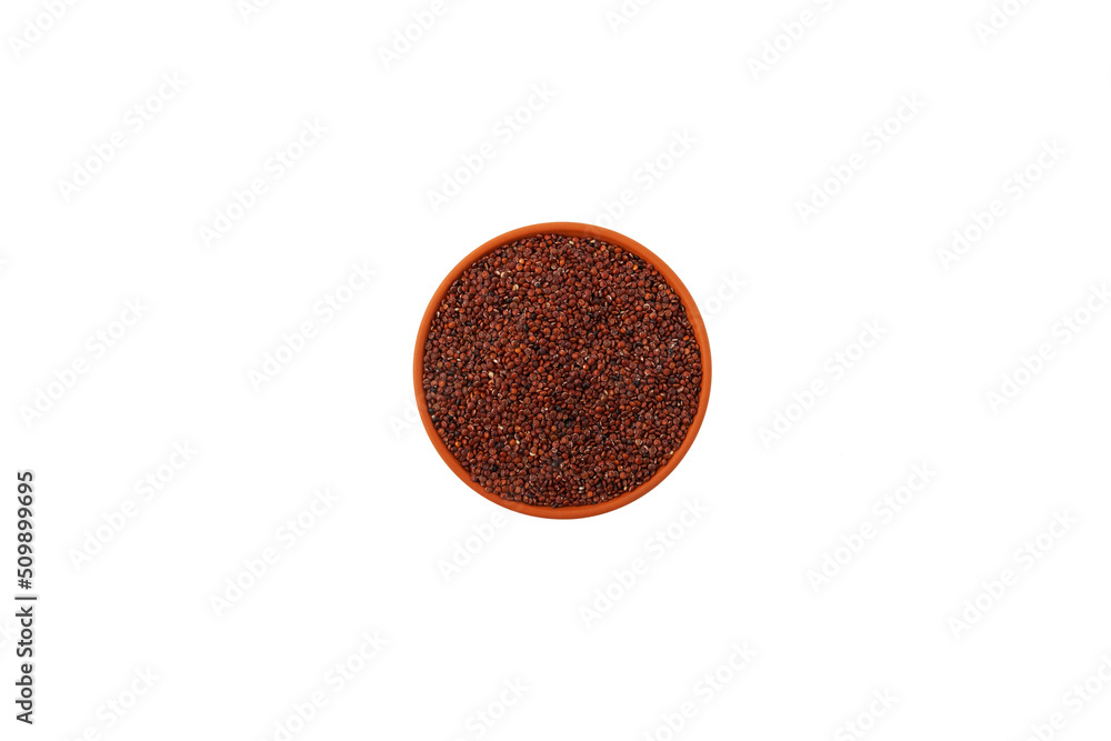 Red quinoa in clay plate on white background, top view. Gluten free healthy food Red quinoa in clay plate on white background, top view. Gluten free healthy food