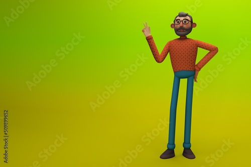 A young man with a beard greets everyone. People support. 3d illustration