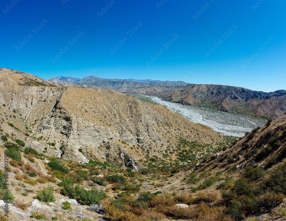 An Aerial UAV Drone Panoramic View of the Whitewater Valley and River in California
