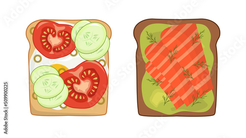 Set of sandwiches with different filling in cartoon style. Vector illustration of delicious and appetizing homemade sandwiches of different species.