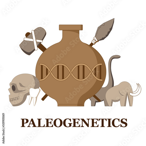 Concept on the theme of paleogenetics. The study of fossil animals and the ancestor of man. photo