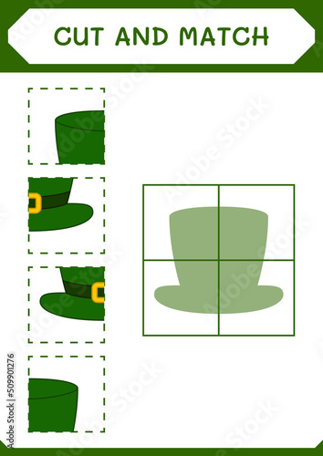 Cut and match parts of St. Patrick's Day hat, game for children. Vector illustration, printable worksheet