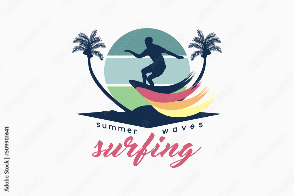 Surf logo, outdoor summer logo with silhouette concept of people ...