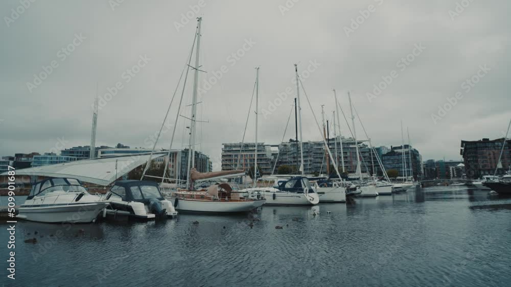Oslo, Norway. Moored Boats And Yachts At Aker Brygge District. Oslo, Norway. Moored Boats And Yachts At Aker Brygge District.