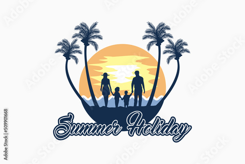 Summer logo with family and coconut tree silhouette concept in sunset illustration