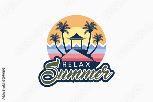 Summer logo with gazebo and coconut tree silhouette concept in ocean and sun illustration