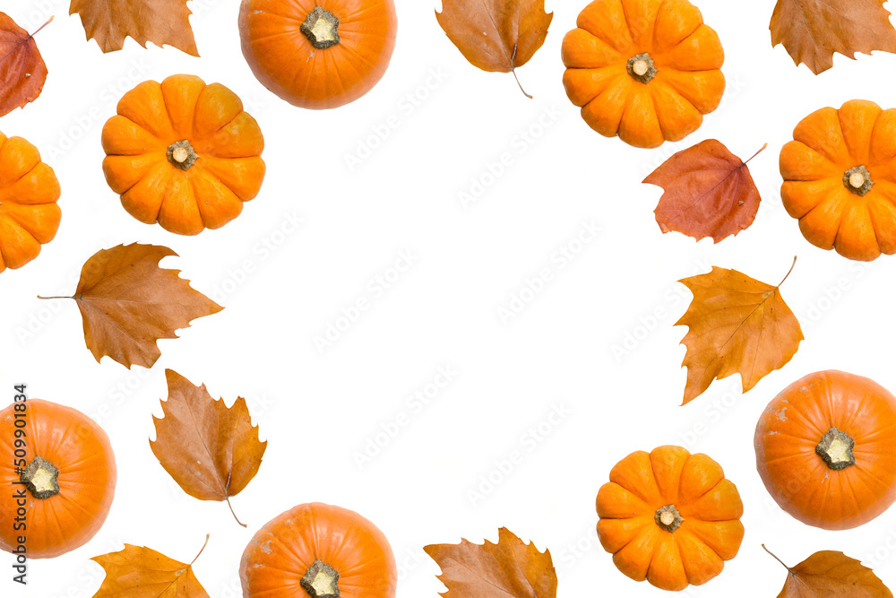 Autumn frame background with pumpkins and leaves