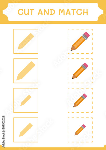 Cut and match parts of Pencil, game for children. Vector illustration, printable worksheet
