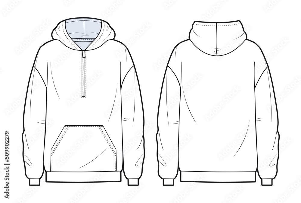 Oversize Hoodie fashion flat technical sketch template. Boys zip front ...
