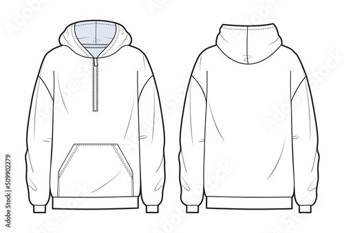 Oversize Hoodie fashion flat technical sketch template. Boys zip front Sweatshirt Hoodie fashion cad mockup.