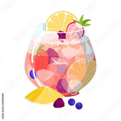 Lemon berry prosecco cocktail isolated on white background. Vector illustration of spring alcohol cocktail drink with ice cubes. Summer cocktail aperitif with lemon, strawberry and blackberry