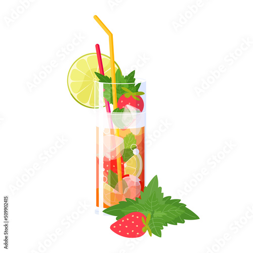 Mojito cocktail with strawberry, lime and mint isolated on white background. Vector fruit illustration