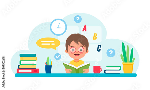 Cute little kid boy doing homework read book.Boy study with smile.Back to school concept.Vector illustration