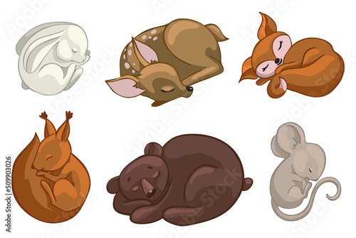 Set of sleeping forest animals.Cartoon vector graphics.