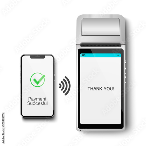 Vector 3d NFC Payment Machine and Smartphone. Payment Succesful. Approved Transaction. POS Terminal, Machine, Phone Isolated. Design Template of Bank Payment Wireless Contactless Terminal, Mockup