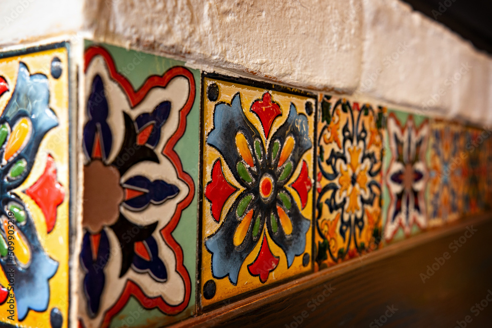 Obraz premium Colourful tiles on the wall in the coffeeshop in Beirut, Lebanon