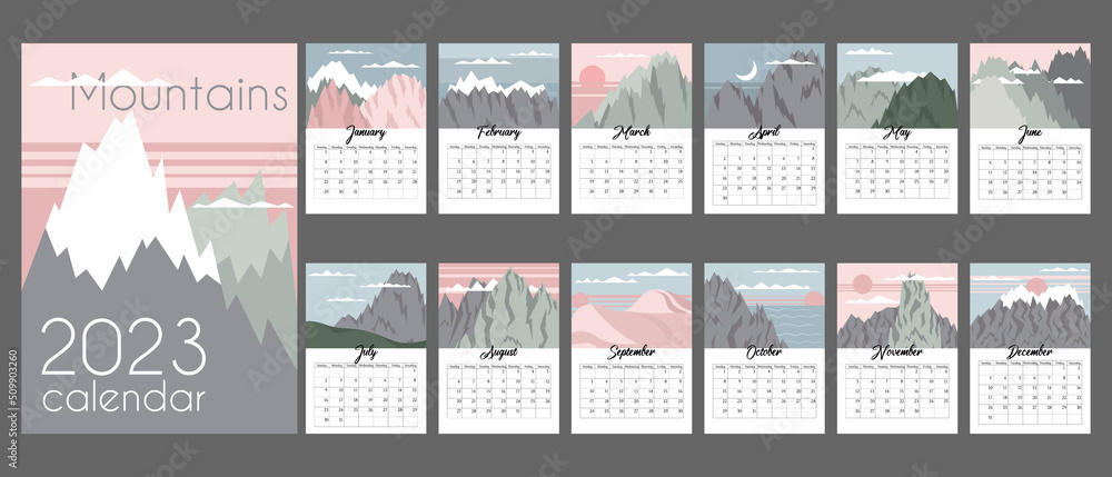 Abstract calendar for 2023 with flat minimal mountains in one color scheme. Vertical A4 calendar by months, week starts from Sunday. Calendar with places for notes.12 isolated month and cover.