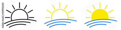 Sunset icon, sunrise icon. Sun, rise symbol. Morning icon.