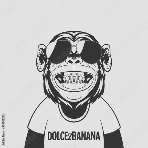 VectorFunny Smiling Black and White Monochrome Fashion Chimpanzee Ape with Sunglasses. Happy Monkey with Glasses for Wall Art, T-shirt Print, Poster. Cartoon Cute Chimp Monkey photo