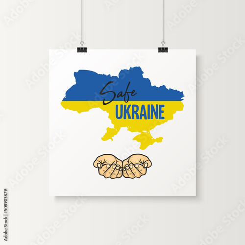 Save Ukraine. Hand Gesture with Ukranian Map and Flag. Symbol of Support Ukraine. No War. Vector Illustration. Slogan, Call for Peace in Ukraine. Stop War. Tshirt, Plackard Print