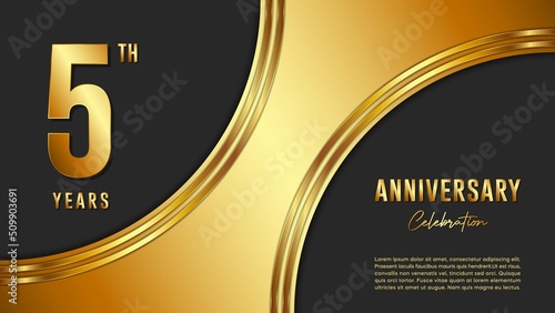 5th anniversary logo with gold color for booklets, leaflets, magazines, brochure posters, banners, web, invitations or greeting cards. Vector illustration.