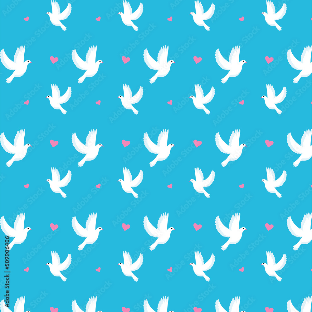 pattern with white doves on a blue background and pink hearts pattern with white doves on a blue background and pink hearts