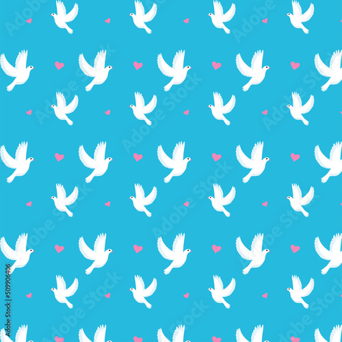 pattern with white doves on a blue background and pink hearts