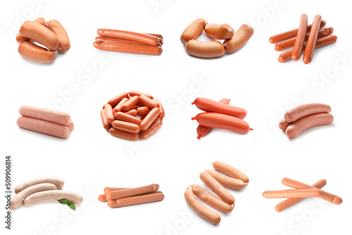 Set of tasty sausages isolated on white photo