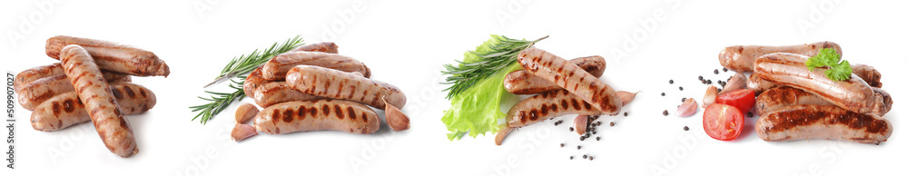 Set of delicious grilled sausages on white background Set of delicious grilled sausages on white background
