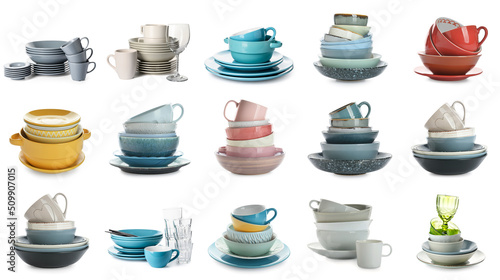 Set of many different tableware on white background photo