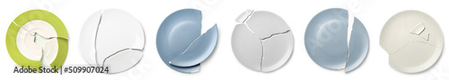 Fotografija Set of broken ceramic plates on white background