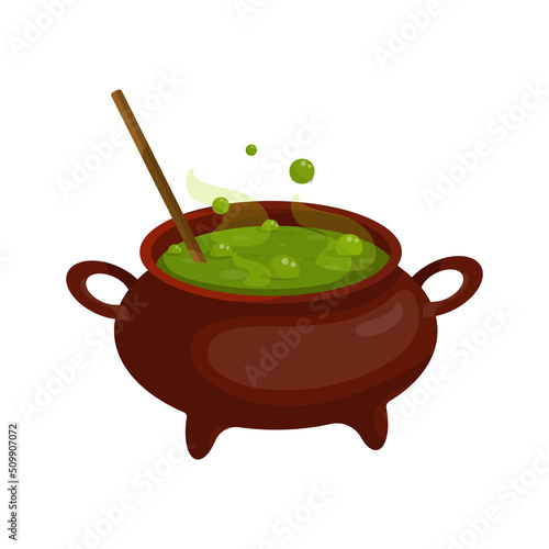 Cauldron with green potion for Halloween holiday.Cartoon vector graphics.