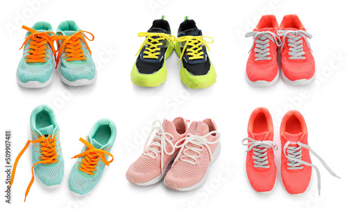 Set of modern sportive shoes isolated on white