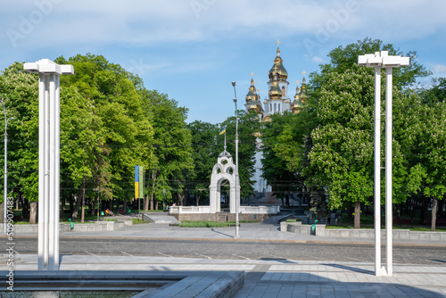 Mirror Stream is a fountain in Kharkiv, Ukraine. Spring 2022. Empty war city. photo