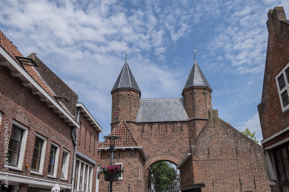 Picturesque medieval Kamperbinnenpoort in city of Amersfoort is a rectangular gate in the first city wall from the second half of the 13th century. Amersfoort, the Netherlands.